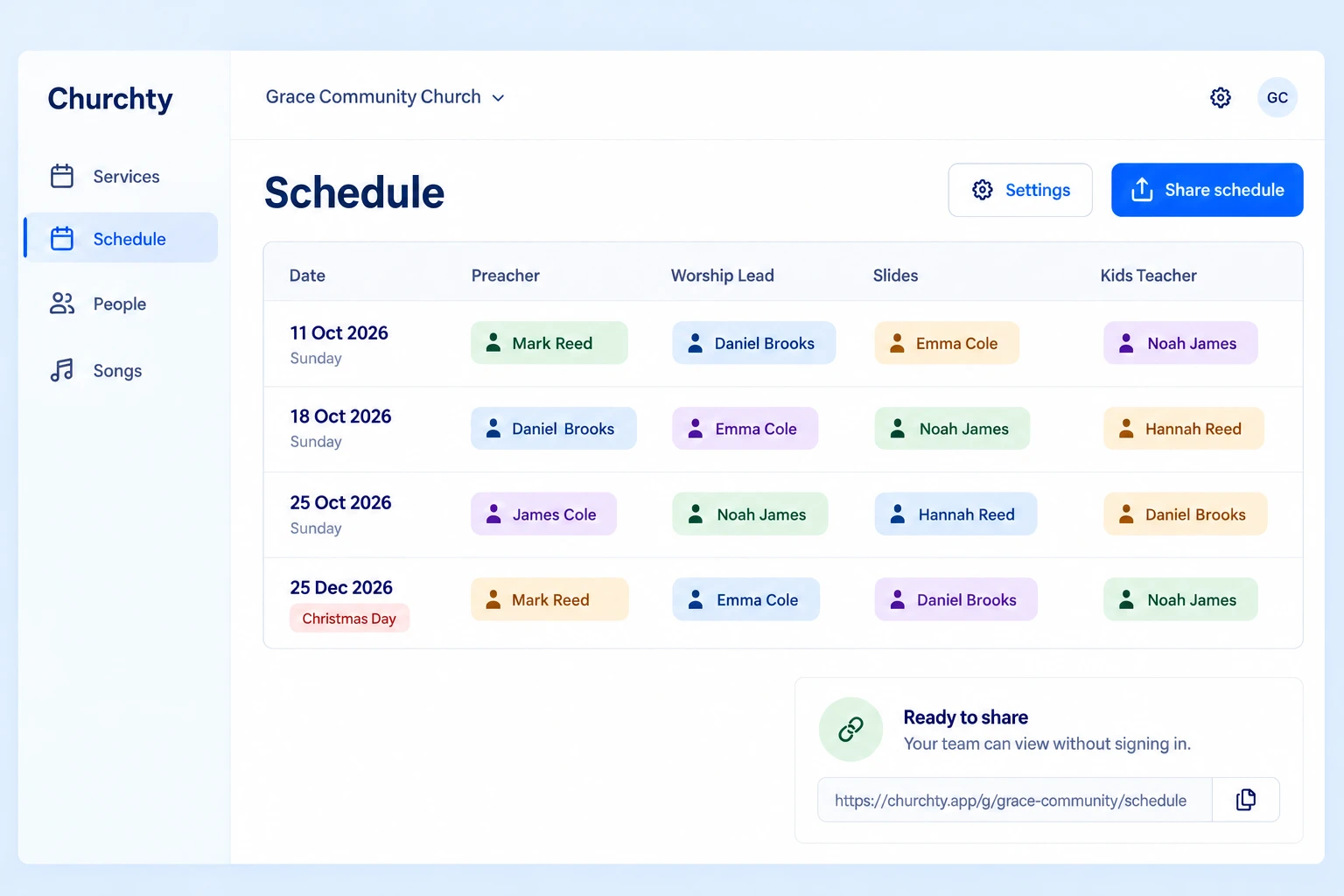 Illustrative team schedule with people assigned to Sunday services and Christmas Day.